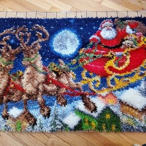 Completed Herrschner Decorative Latch Hook Rug  - Santa's Sleigh